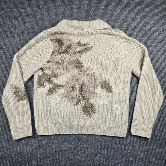 Eddie Bauer Sweater Womens Large Beige Floral Hand Knit Cardigan Wool Alpaca - Picture 2 of 9